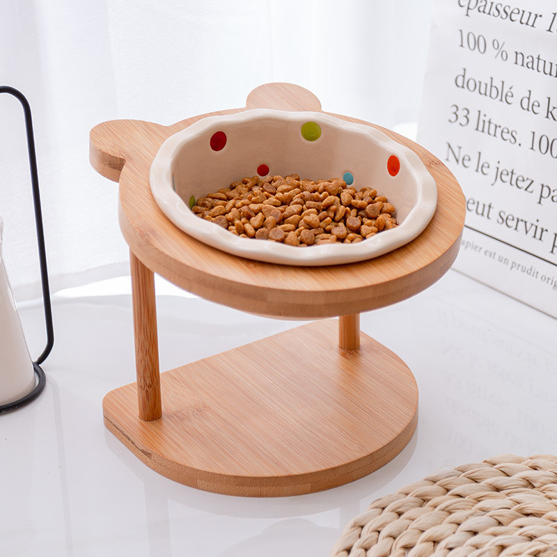 Double Bowl Pet Feeder Stand Elevated Ceramic Dish For Dogs Cats Stylish Wooden Table - 14