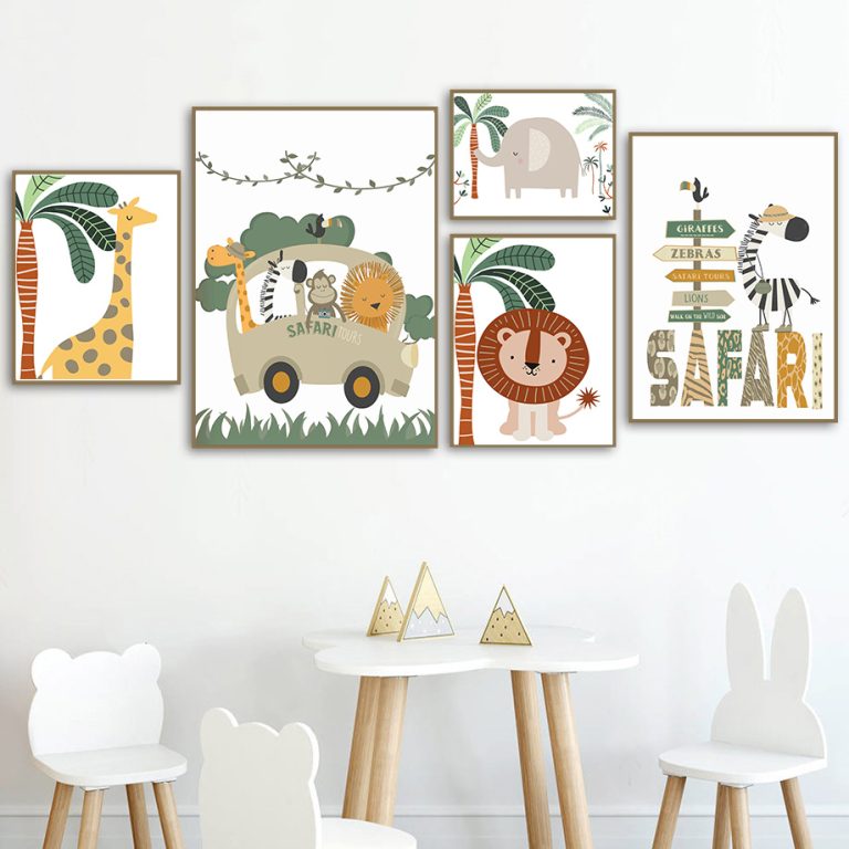 Jungle Animal Canvas Prints Lion Giraffe Zebra Monkey Sloth Kids Room
