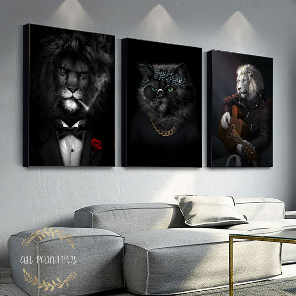 Anthropomorphic Animal Canvas Painting Lion Monkey Tiger Smoking Poster For Living Room Home Decor - 19