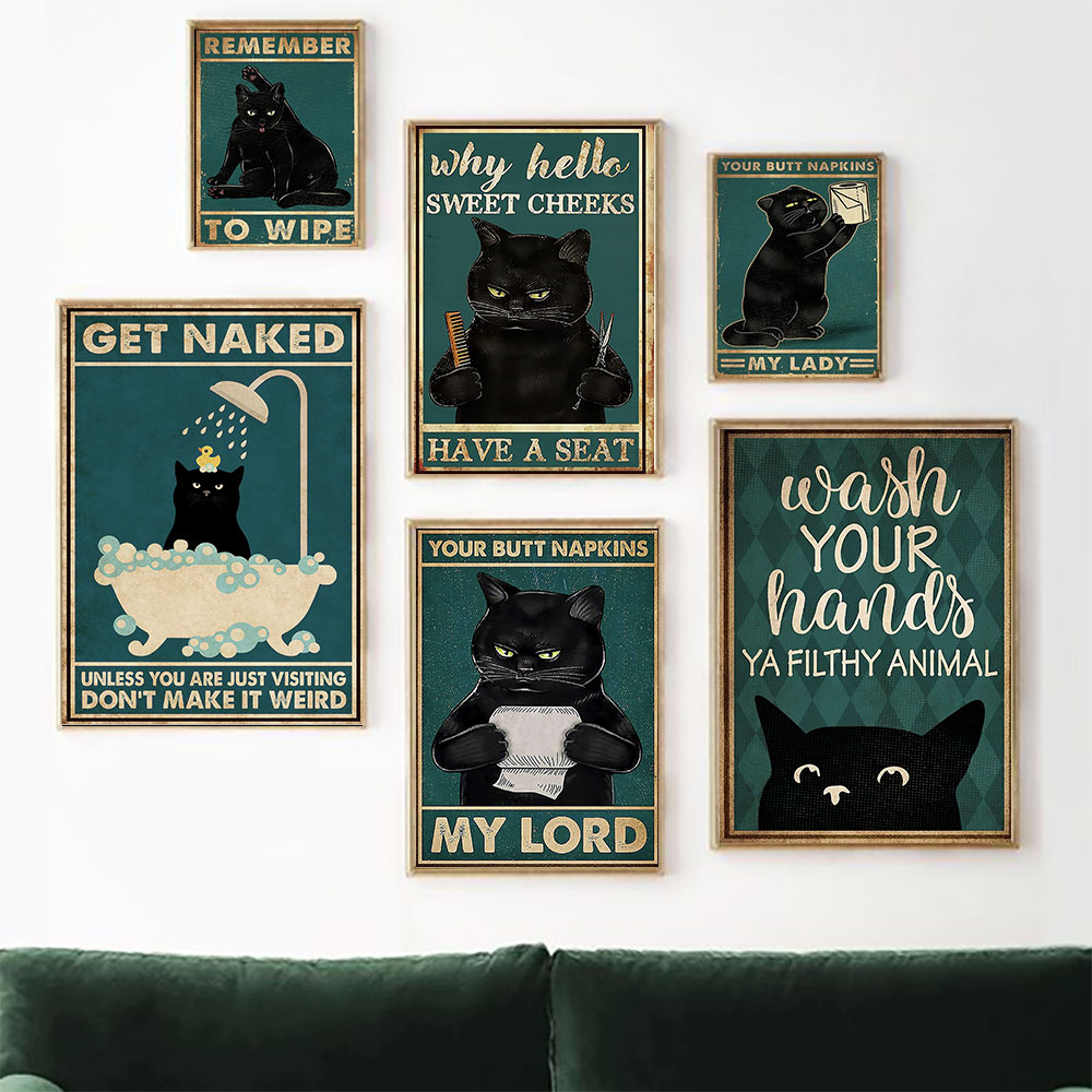 Vintage Black Cat Funny Bathroom Art Print Hello Sweet Cheeks Canvas Painting My Lord Napkins Home Decor Poster - 1