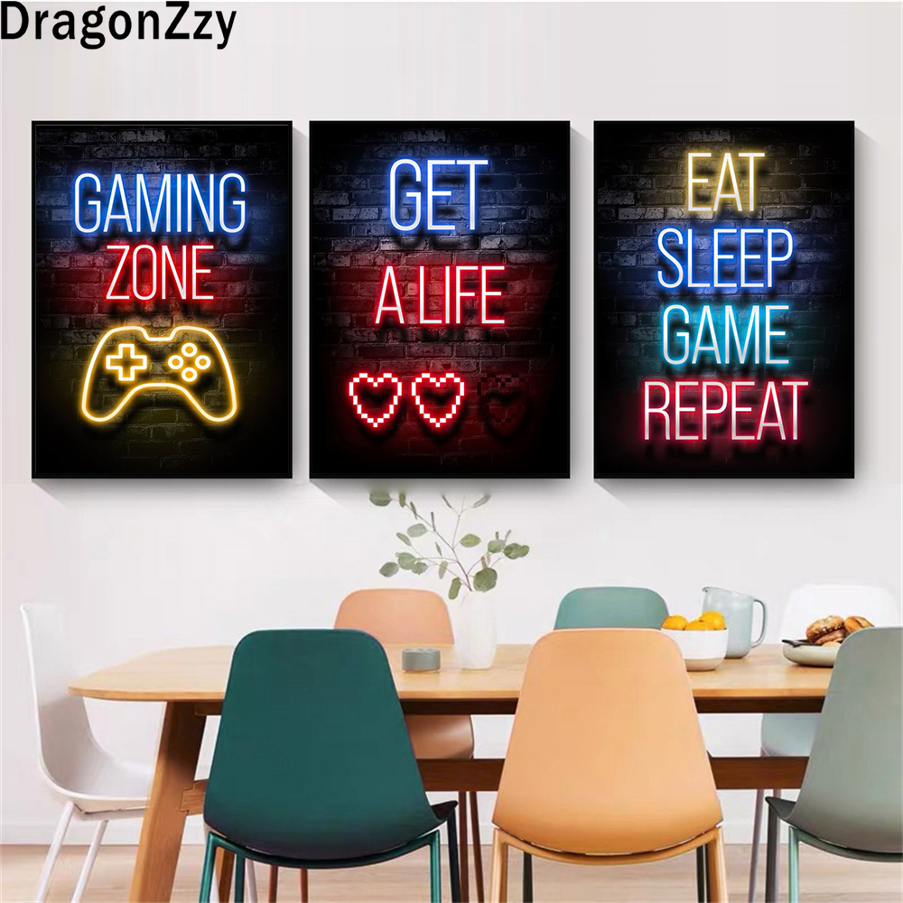 Kids Gaming Wall Art Funny Poster With Glow Effect Canvas Painting Prints For Boys Playroom Decor - 1