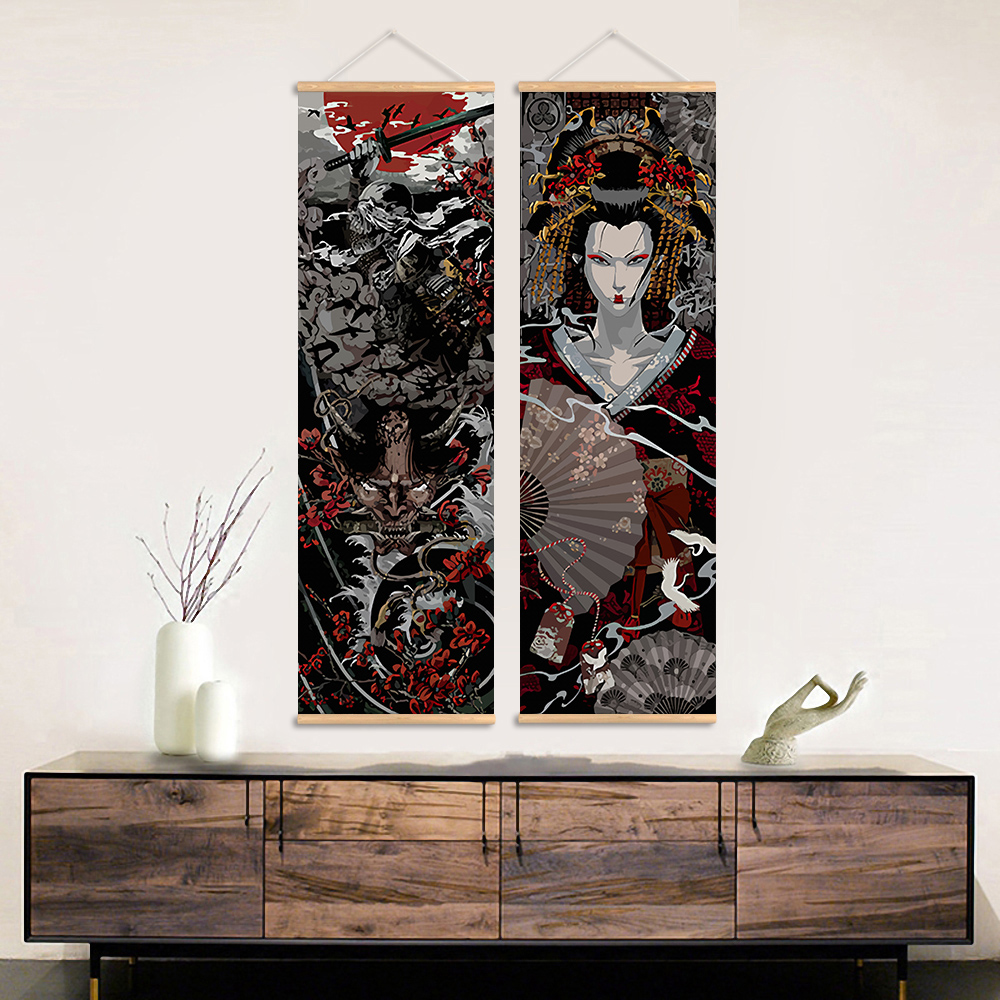 Scroll Canvas Poster Vintage Japan Samurai Sakuran Ukiyoe Wall Art Boho Pictures Aesthetic Room Decor Paintings - 4