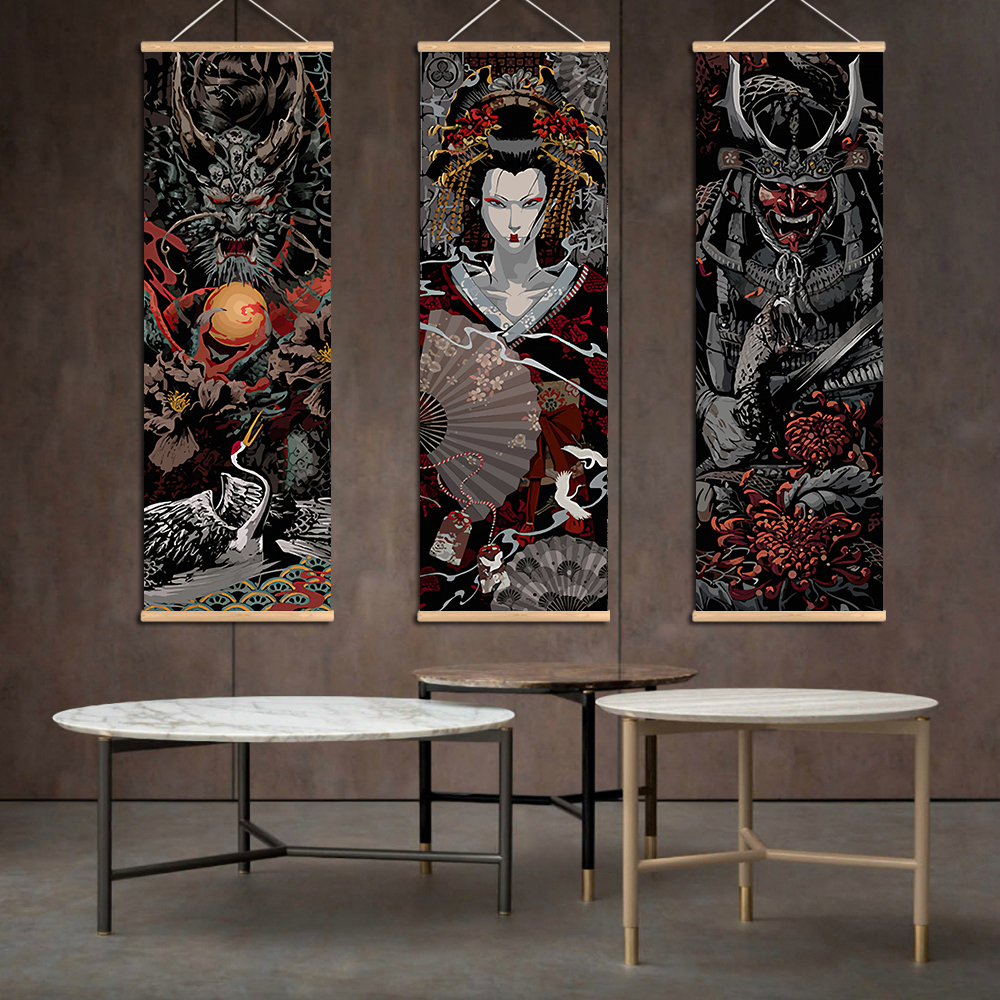 Scroll Canvas Poster Vintage Japan Samurai Sakuran Ukiyoe Wall Art Boho Pictures Aesthetic Room Decor Paintings - 3