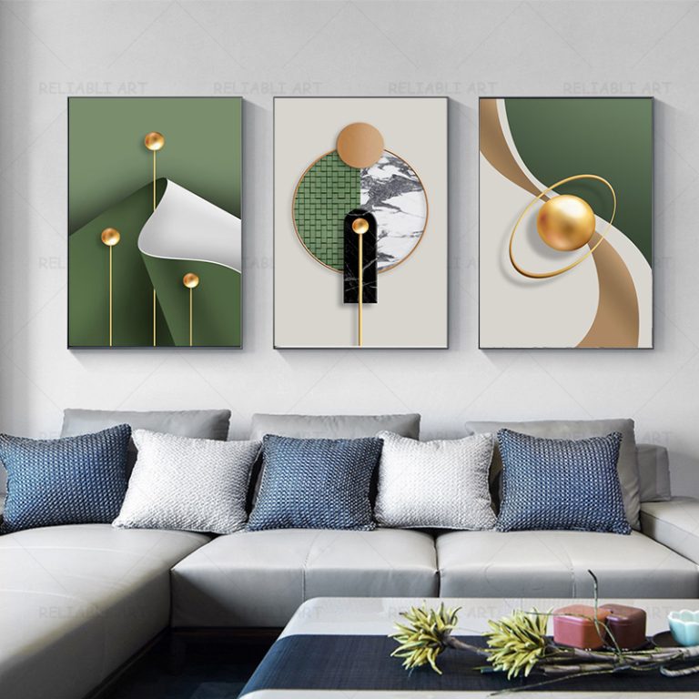 Abstract Nordic Luxury Wall Art Green Gold Geometry Decorative
