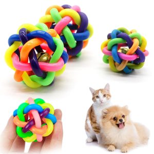 Dog Cat Toy With Small Bell Rainbow Rubber Ball Play For Dogs Teeth Training Pet Puppy Toys
