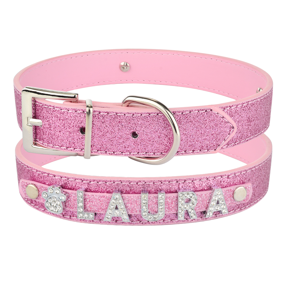 Customized Leather Dog Collar With Rhinestone Bling Charms Personalized Name For Cats Dogs - 5