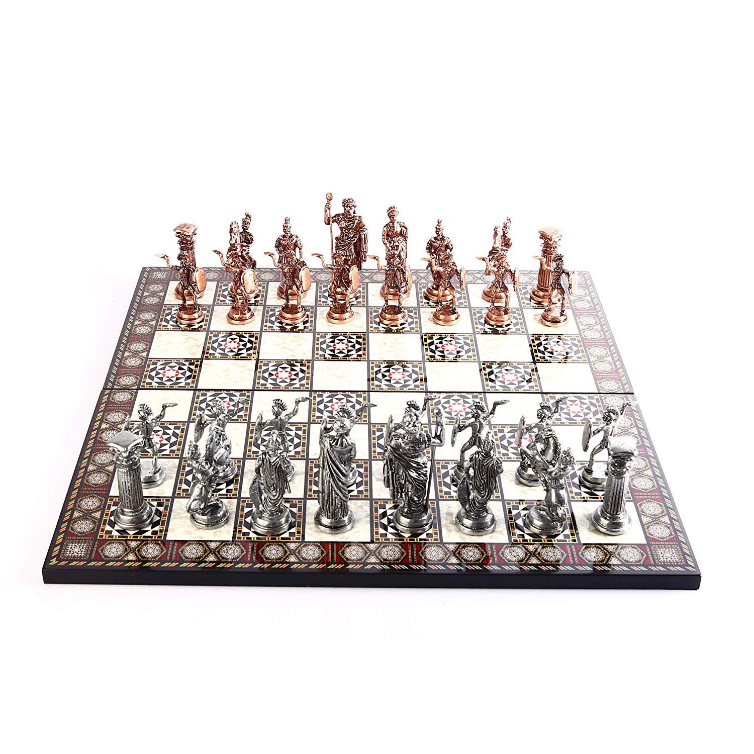 Antique Historical Copper Chess Set With Handmade Rome Figures Motherofpearl Design On Wood Board 11cm King - 4