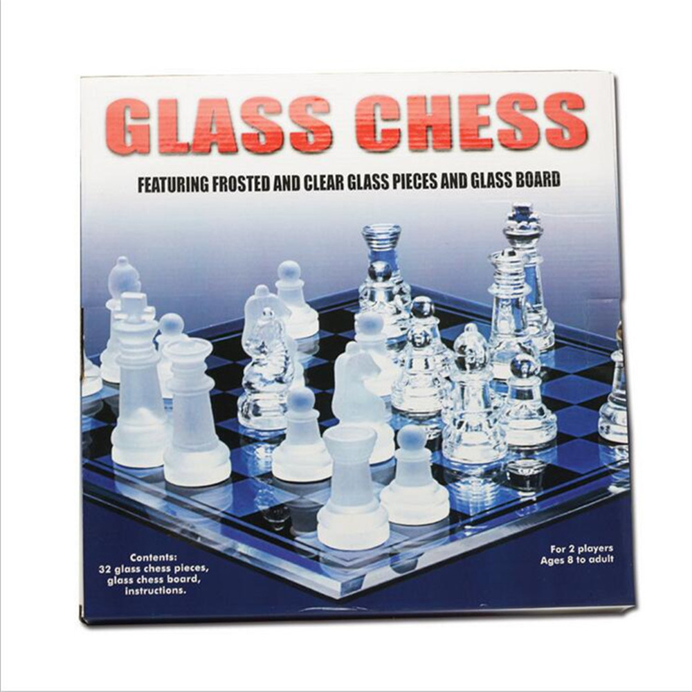 International Glass Chess Set 10 Inch Chess Board and 32 Clear Glass Pieces Chess Game Gift for Kids Adults Beginners