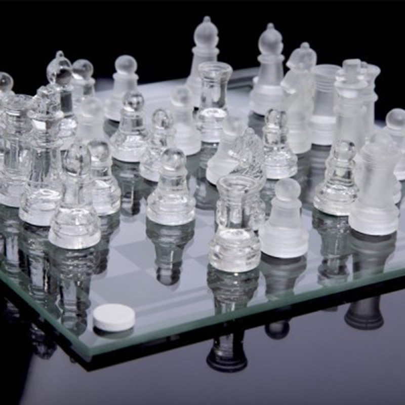 International Glass Chess Set 10 Inch Chess Board and 32 Clear Glass Pieces Chess Game Gift for Kids Adults Beginners