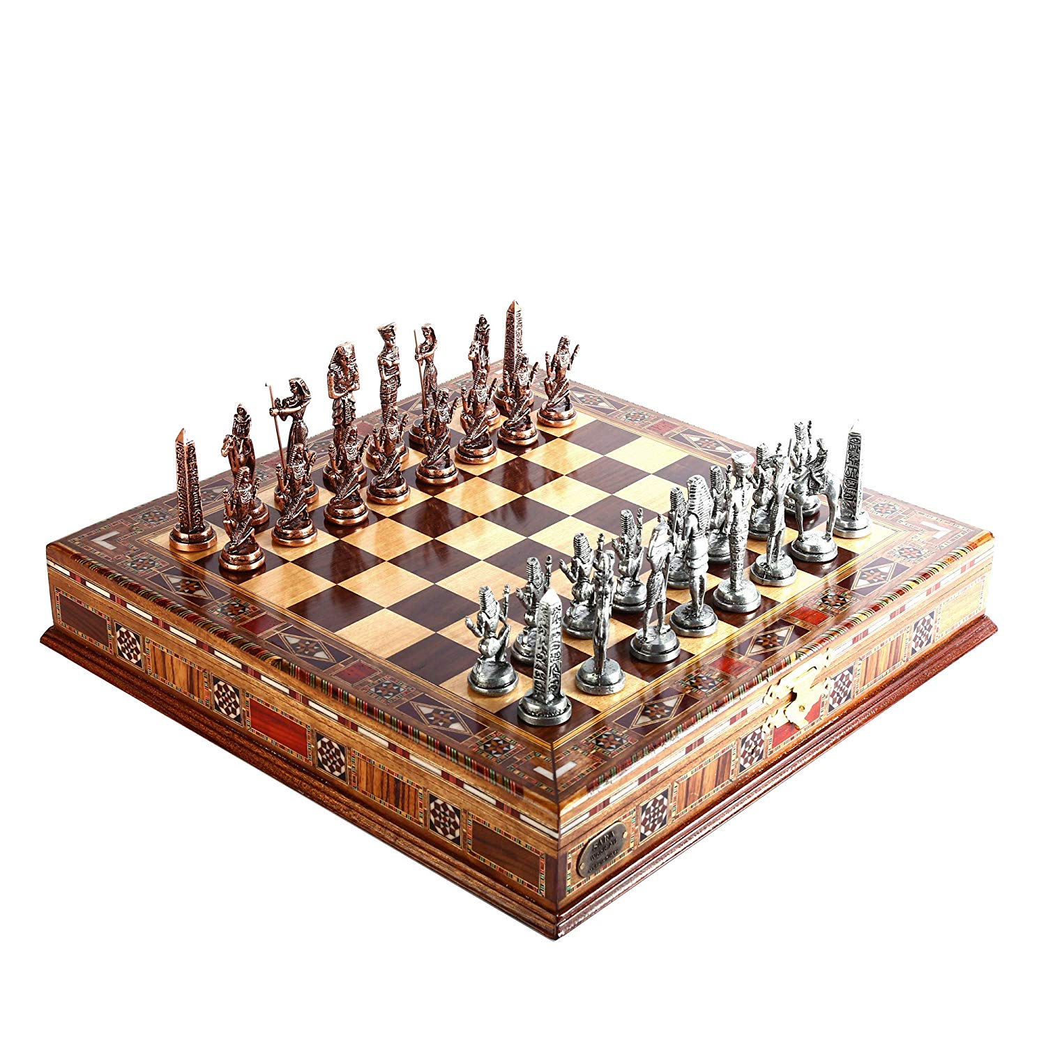 Handcrafted Antique Egyptian Pharaoh Copper Chess Set Solid Natural Wood Board With Storage 9cm King Piece - 4