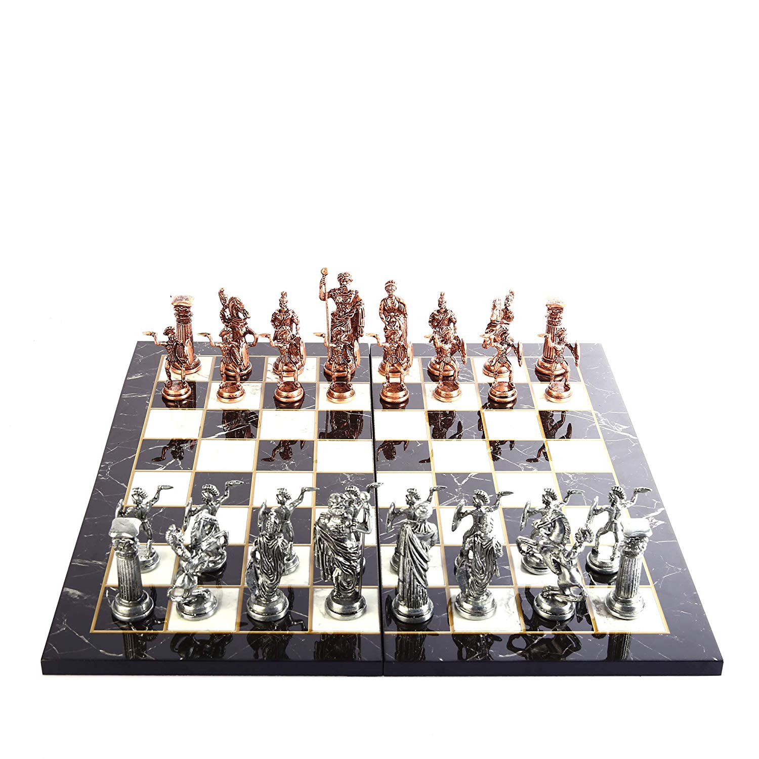 Handcrafted Antique Copper Chess Set With Historical Roman Figures Marbledesign Wooden Board Adult Game 11cm King - 5