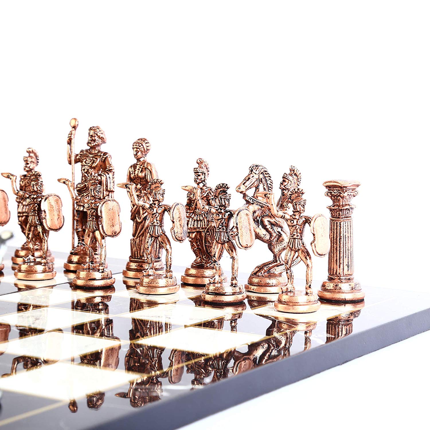 Handcrafted Antique Copper Chess Set With Historical Roman Figures Marbledesign Wooden Board Adult Game 11cm King - 1