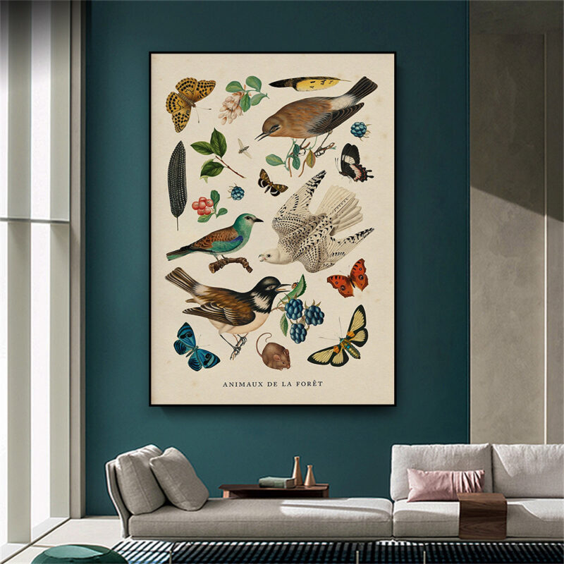 Retro Bird Insect Prints Wall Art Canvas - 1