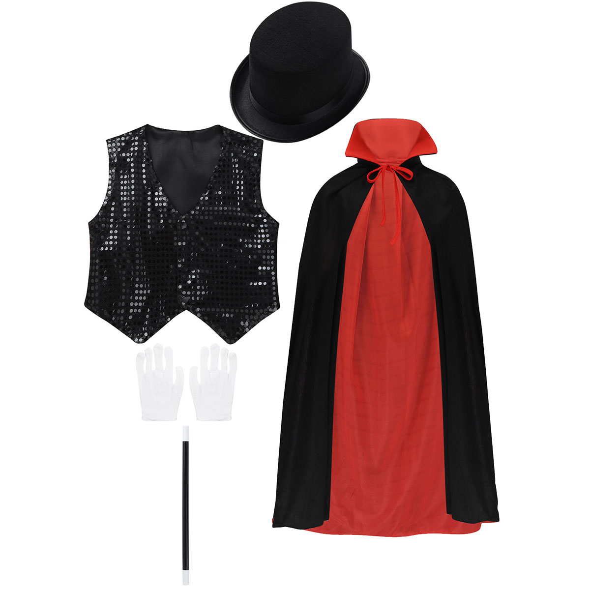 Kids Magician Role Play Costume Set Cape Hat Wand Gloves Waistcoat - 20