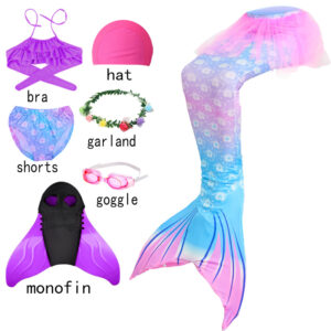 Girls Mermaid Tail Swimsuit Pink Cosplay Halloween Costume With Optional Monofin - 2