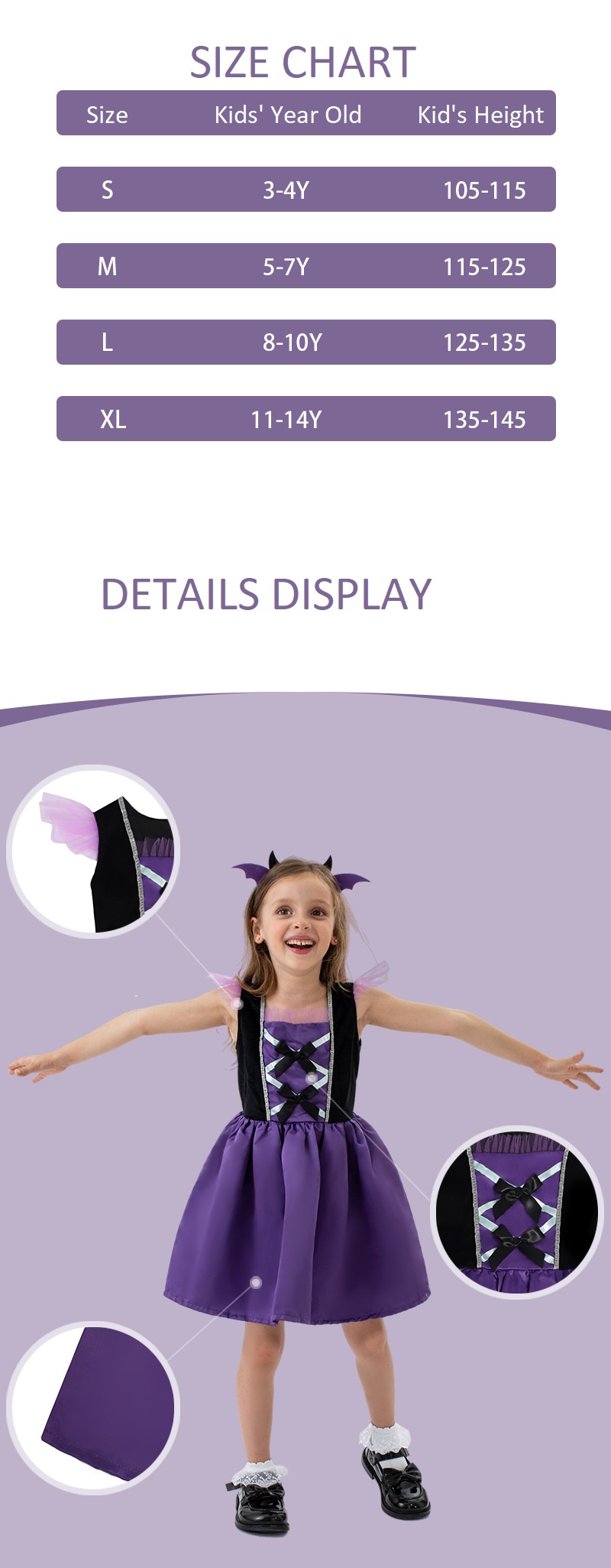 Girls Deluxe Purple Bat Vampire Halloween Cosplay Costume With Headband - 7