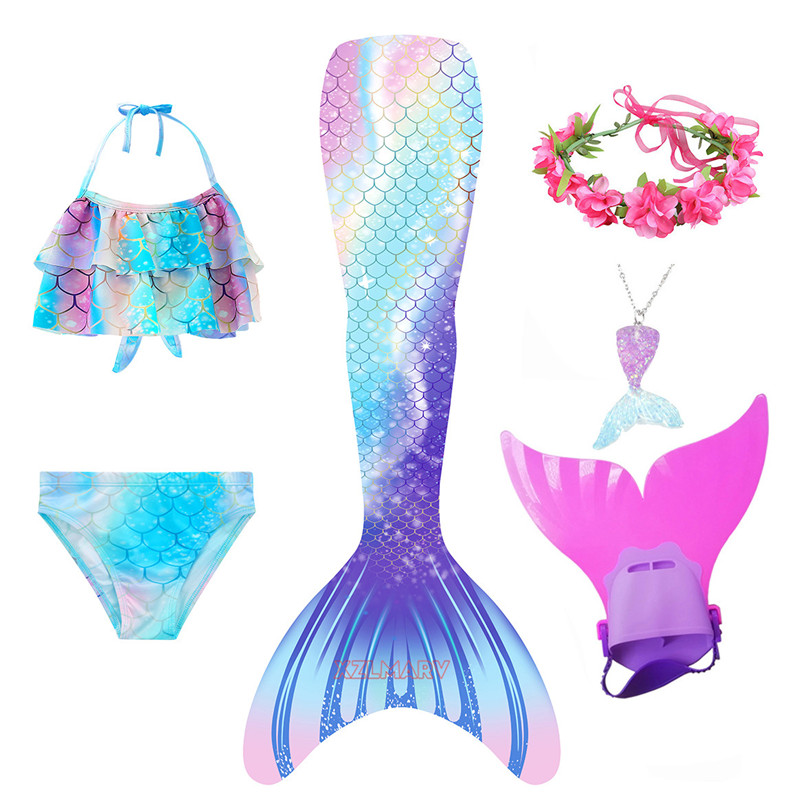 Kids Mermaid Tail Swimsuit Costume With Optional Monofin Girls Cosplay Bikini - 14