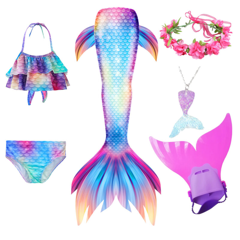 Kids Mermaid Tail Swimsuit Costume With Optional Monofin Girls Cosplay Bikini - 1