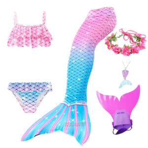Kids Mermaid Tail Swimsuit Costume With Optional Monofin Girls Cosplay Bikini - 4