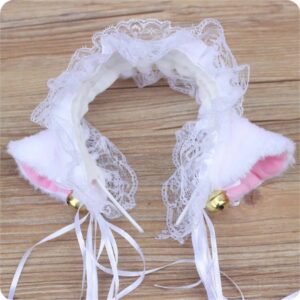Womens Gothic Lolita Plush Cat Ears Lace Headband With Ruffles Ribbon Bell - 5