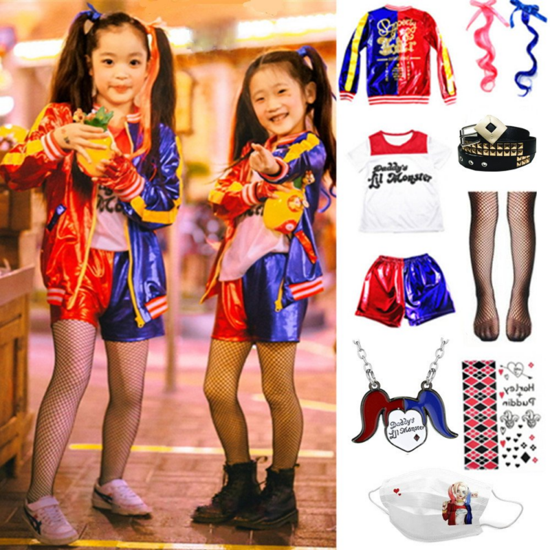 Harley Quinn Kids Cosplay Costume Set Jacket Wig Baseball Bat Outfit - 1