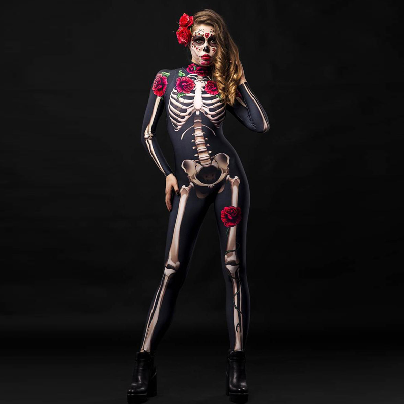 Womens Sexy Skeleton Rose Vampire Jumpsuit For Halloween Day Of The Dead - 15