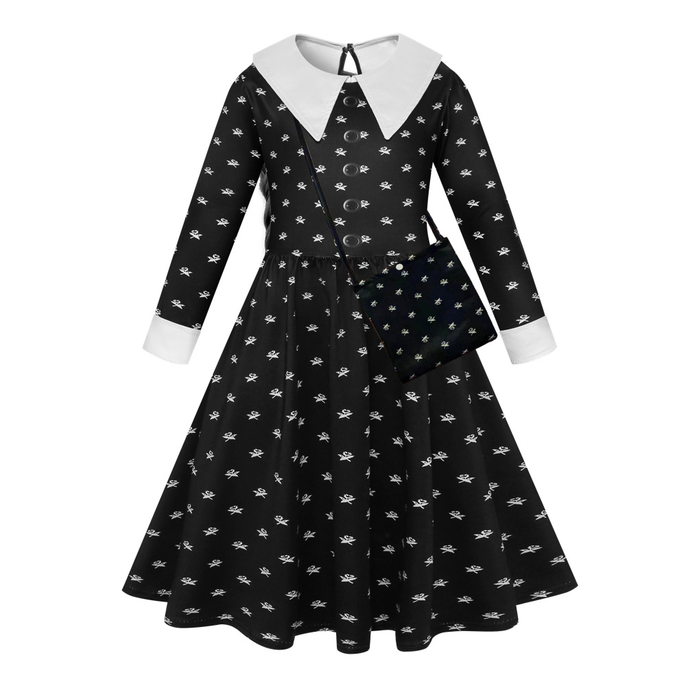 Wednesday Addams Kids Cosplay Dress Zombie Prom Lolita Costume With Wig - 25