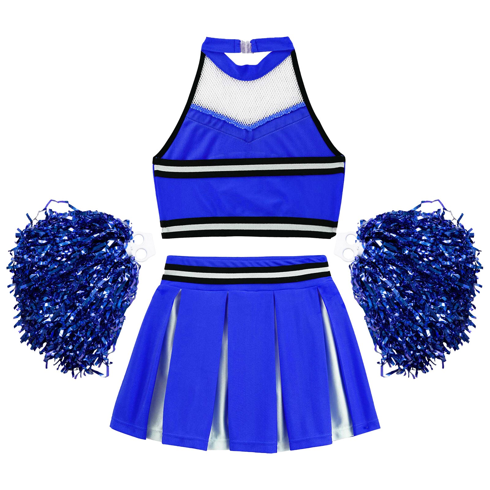 Girls Cheerleader Costume Set Dancewear Crop Top Skirt Pom Poms - 14