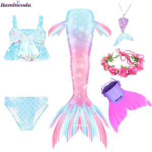 Girls Mermaid Tail Swimsuit With Monofin For Cosplay Swimming Halloween - 6