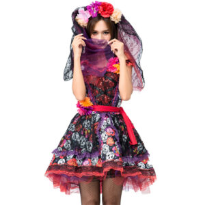 Womens Halloween Skeleton Vampire Bride Cosplay Costume With Veil - 4