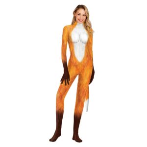 Zawaland Womens 3d Fox Print Halloween Costume Sexy Zentai Jumpsuit - 1
