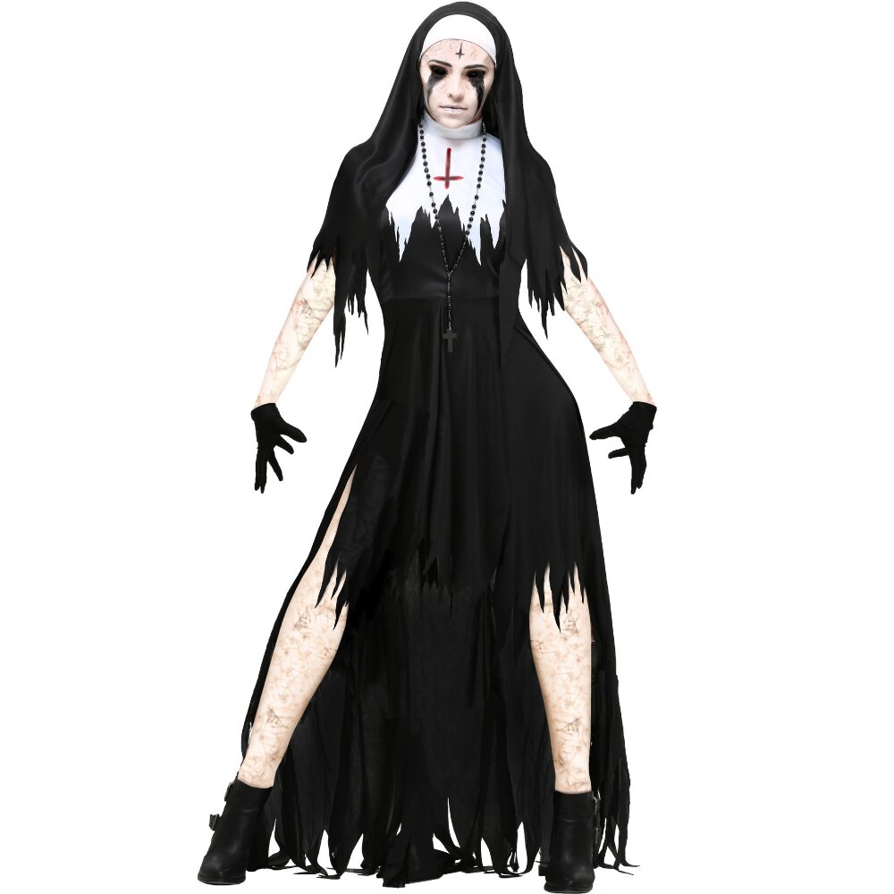 Womens Halloween Nun Costume Vampire Demon Cosplay With Cross Print Dress - 7