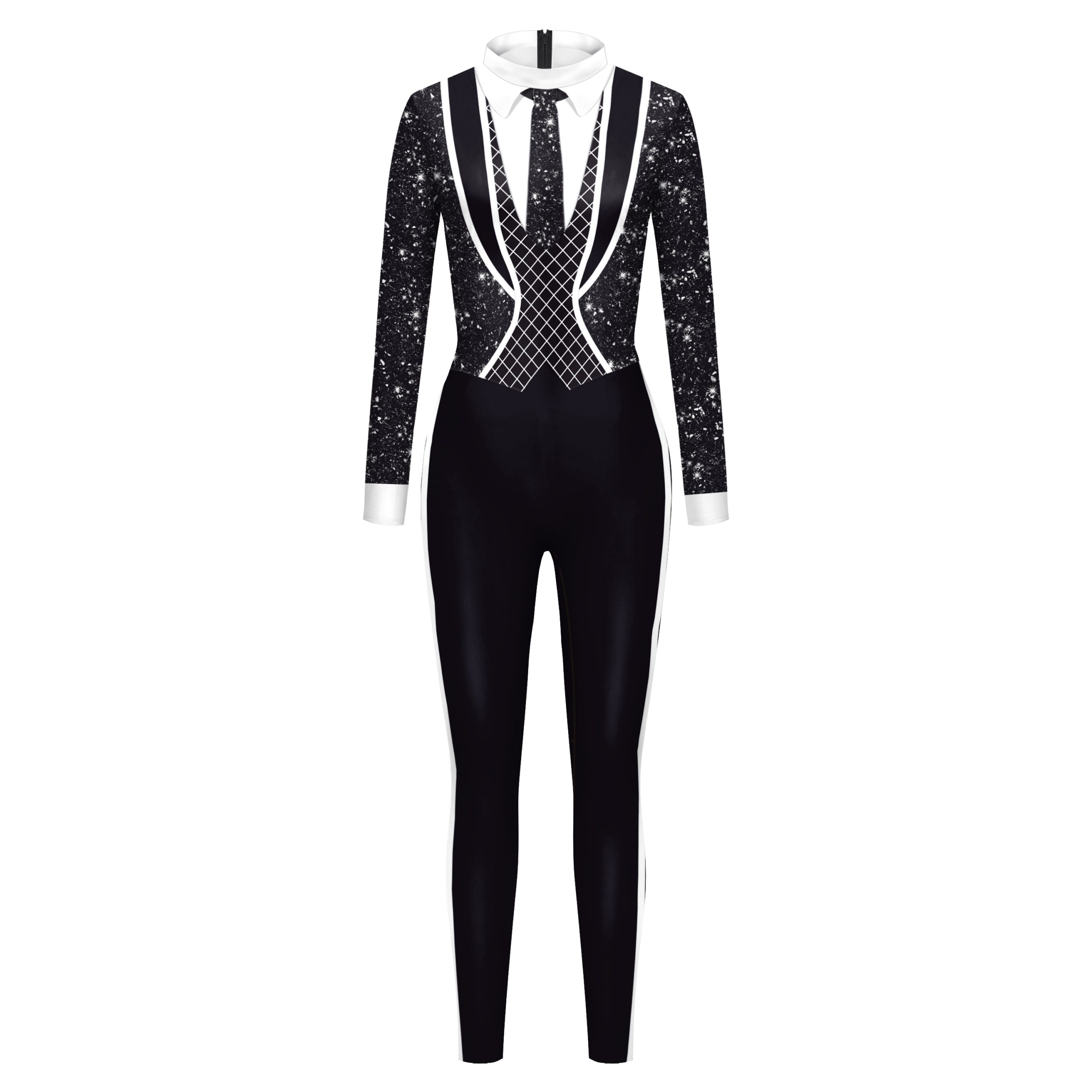 Black White Formal Catsuit With Fake Lapel Tie For Cosplay Parties - 18