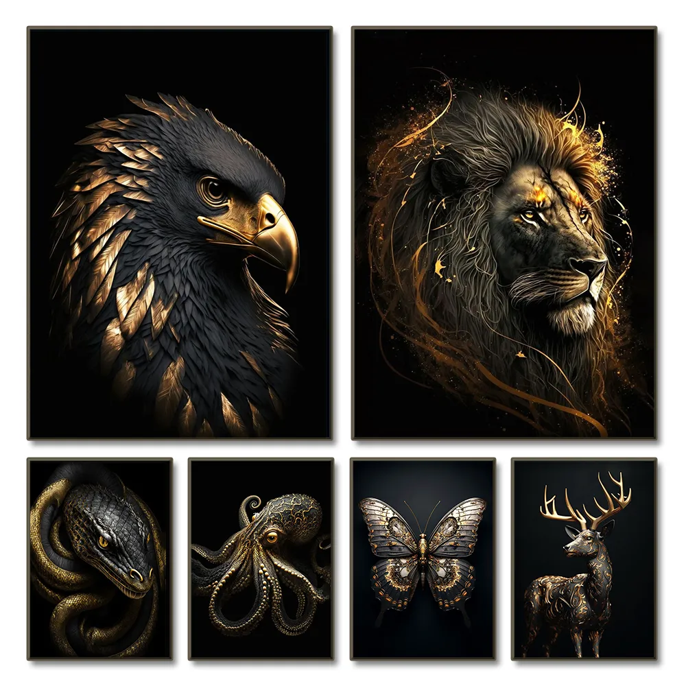 Black Gold Aesthetic Canvas Painting Nordic Animal Wall Art Decor - 8