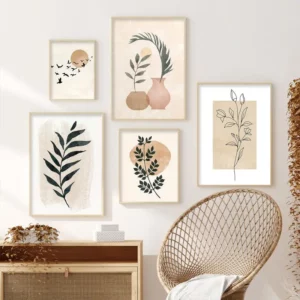 Boho Abstract Canvas Art Natural Bird Sun Plant Leaf Wall Decor - 3