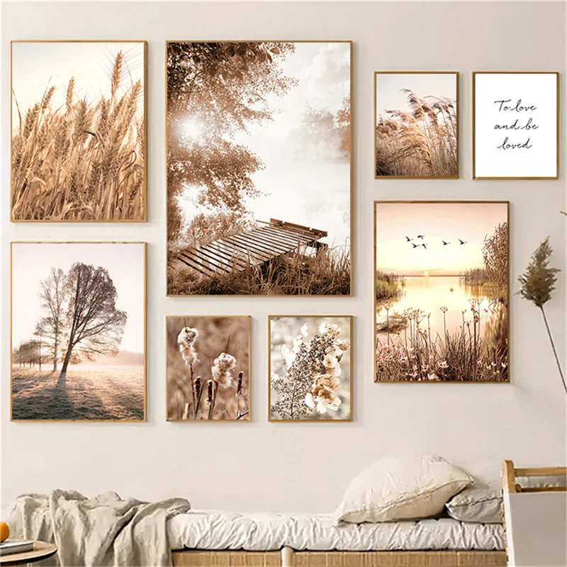 Autumn Landscape Canvas Wall Art Nordic Reed Wheat Ears Poster Fall Living Room Decor - 8