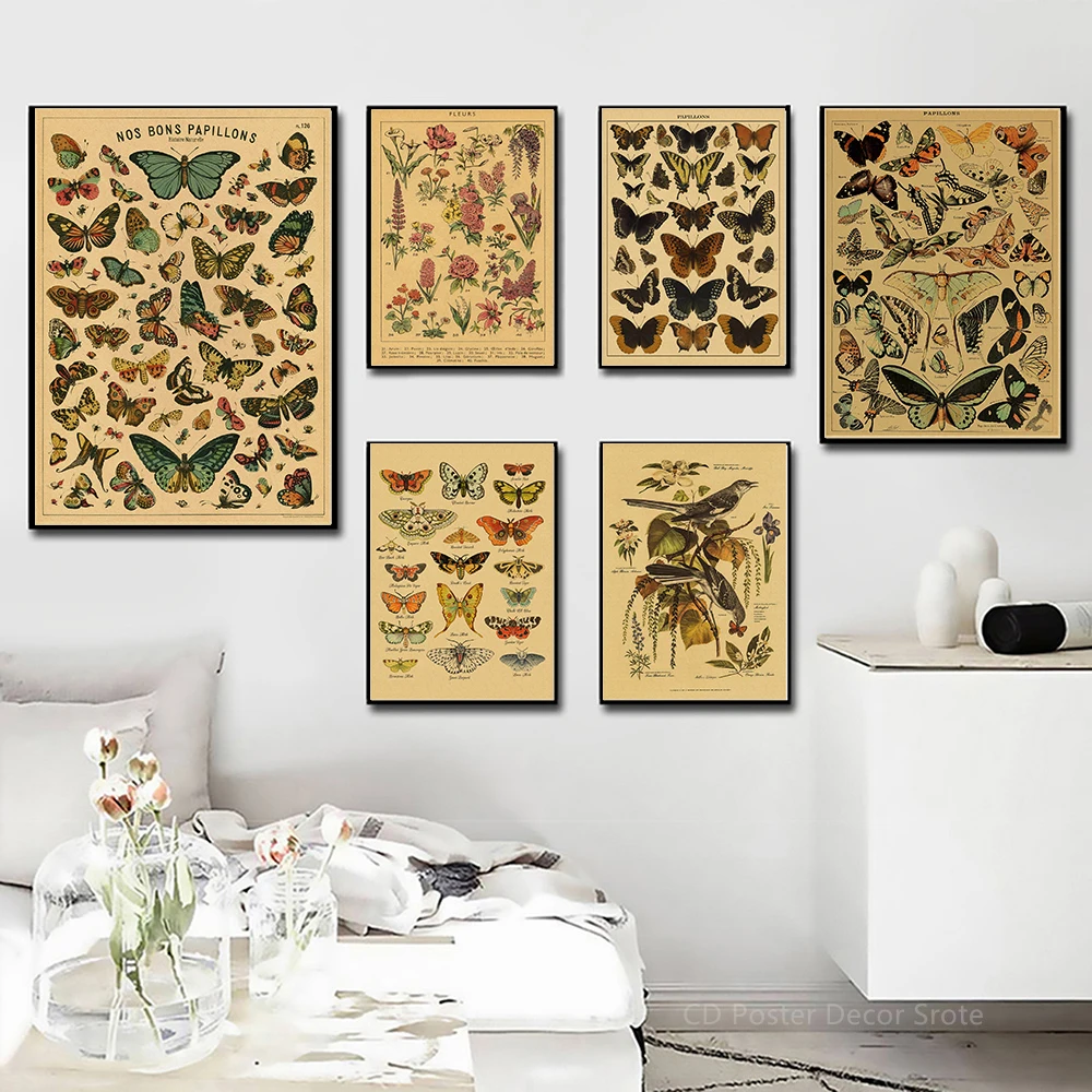Vintage Botanical Poster Retro Aesthetic Kraft Paper Art Featuring Butterflies Birds Flowers - 7